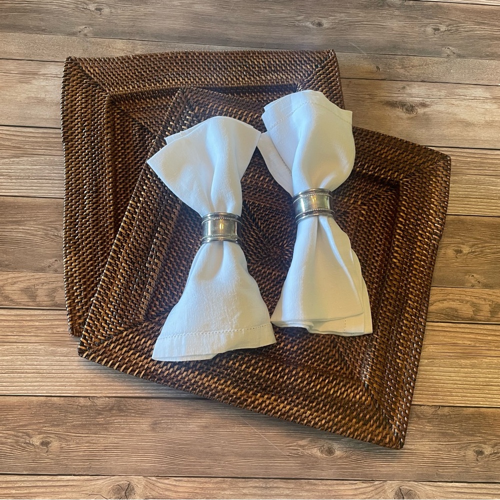Williams Sonoma Hand-Woven Rattan Chargers • Linen Napkins & Napkin Rings - Picture 1 of 12